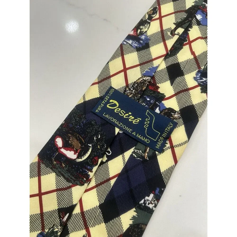 Italian Men’s Silk Tie‎ 4” Yellow Plaid Equestrian Duck Hunting Bird Dog Desire